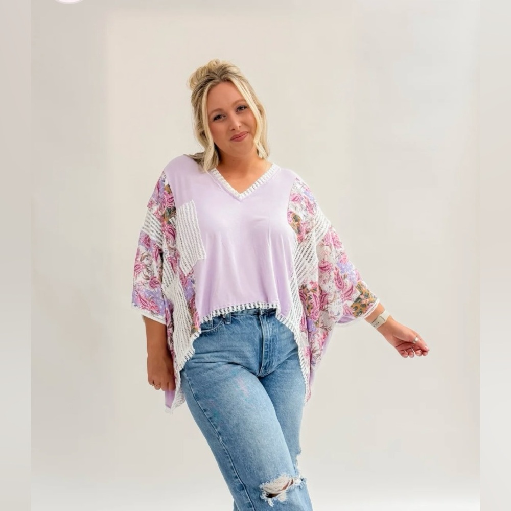 POL Lilac Floral Patchwork Top- size Medium but oversized NWOT